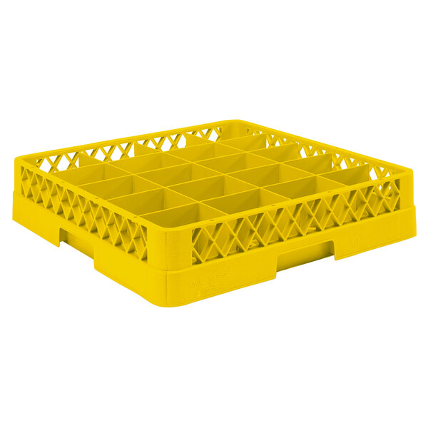 A yellow plastic Vollrath TR5 cup rack with compartments and holes.