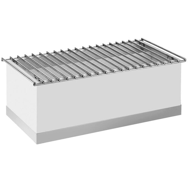 A white metal Cal-Mil chafer griddle with a metal grate on top.