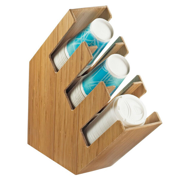 A Cal-Mil bamboo countertop organizer with three slanted sections holding cups.