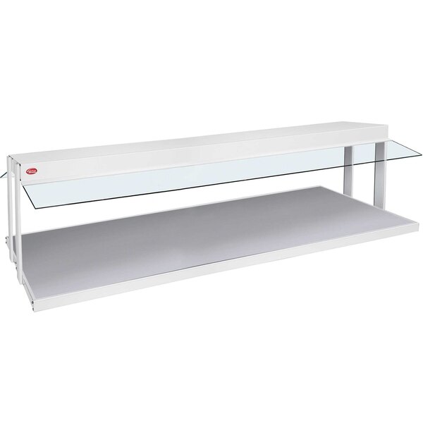 A white Hatco countertop buffet warmer with a glass top over a white shelf.