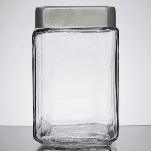 An Anchor Hocking clear glass jar with a brushed aluminum lid.