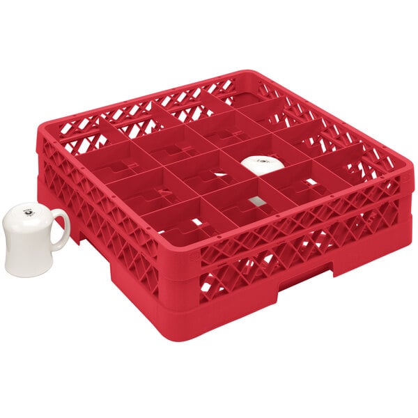 A Vollrath red plastic cup rack holding white mugs.