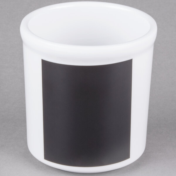 A white Cal-Mil melamine round crock with a black label.