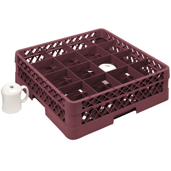 A Vollrath burgundy cup rack with 16 compartments holding white mugs.