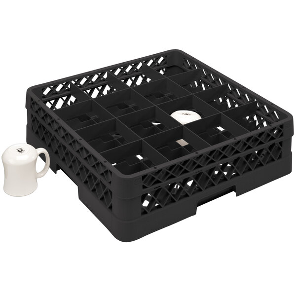 A Vollrath black plastic cup rack with white mugs in it.