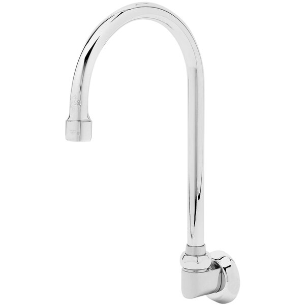 A silver T&S wall mounted faucet with a round handle.