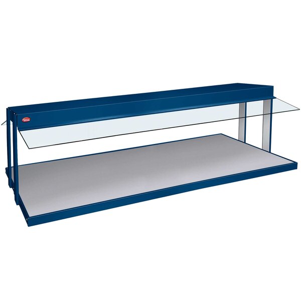 A blue and white rectangular Hatco countertop display case with glass shelves.