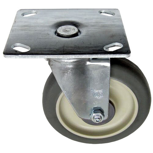A metal swivel plate caster with a metal wheel.