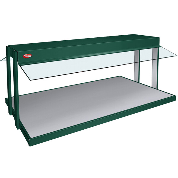 A green display case with Hatco GRBW-42 buffet warmers on glass shelves.