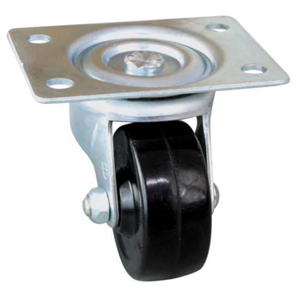 A close-up of a metal and black swivel plate caster wheel.