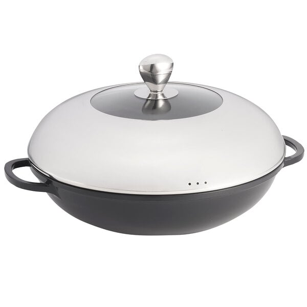 A Tablecraft CaterWare die-cast induction ready wok with a lid.