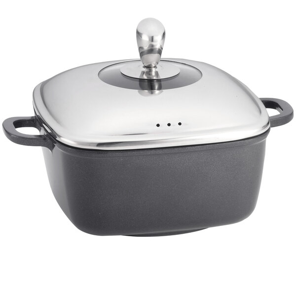 A Tablecraft CaterWare square die-cast sauce pan in black and silver with a lid.