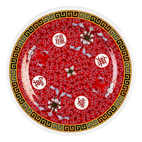 A red and white Thunder Group Longevity melamine plate with a Chinese symbol in the center.