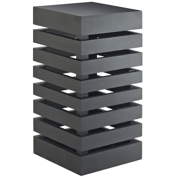 A black rectangular bamboo crate riser with four stacked shelves.