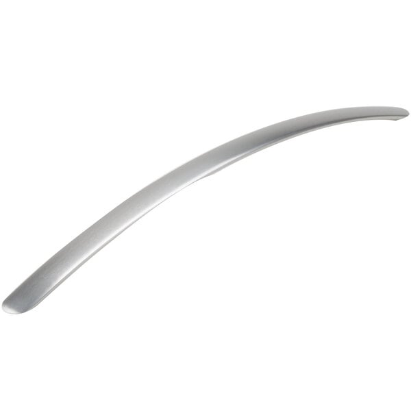 A close-up of a silver curved metal handle.