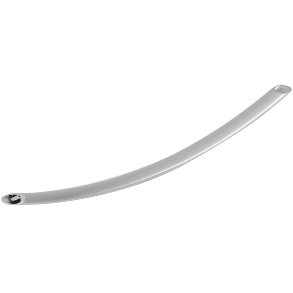 A silver curved metal handle with a hole in the center.