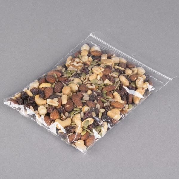 A LK Packaging plastic resealable food bag of nuts and seeds.