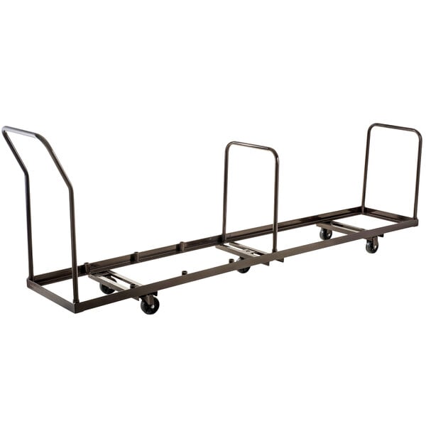 A white metal National Public Seating folding chair dolly with three wheels and four metal bars.