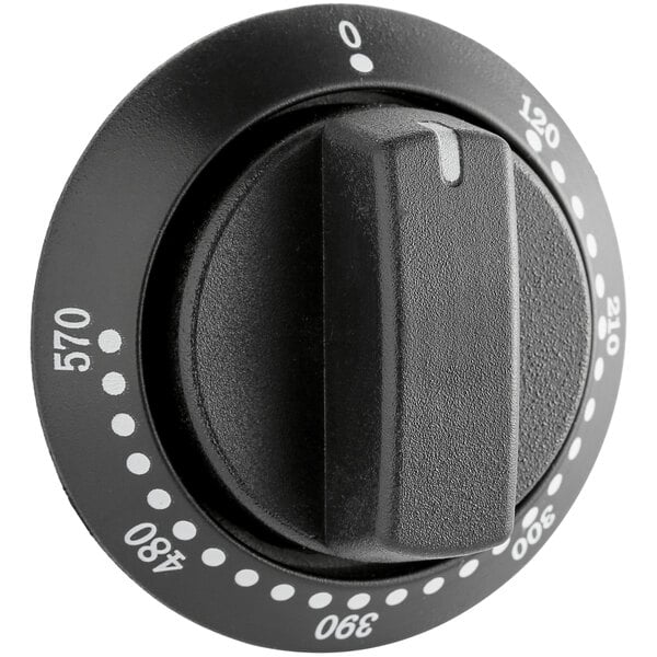 A black rectangular knob with white numbers on it.