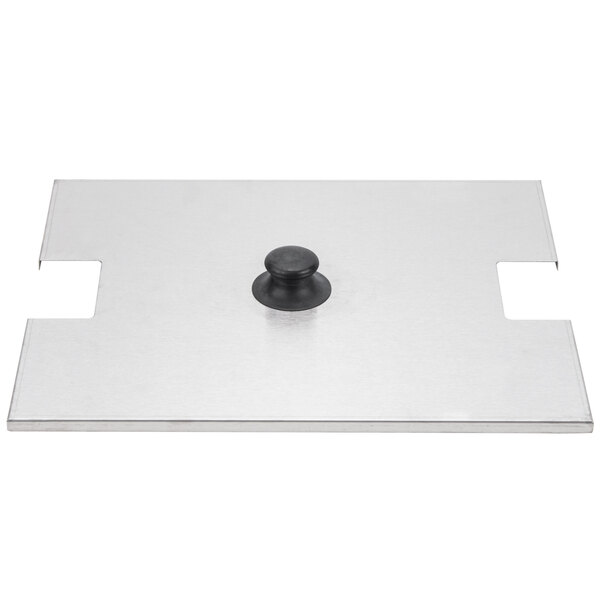 A black metal cover with a black round knob on top.