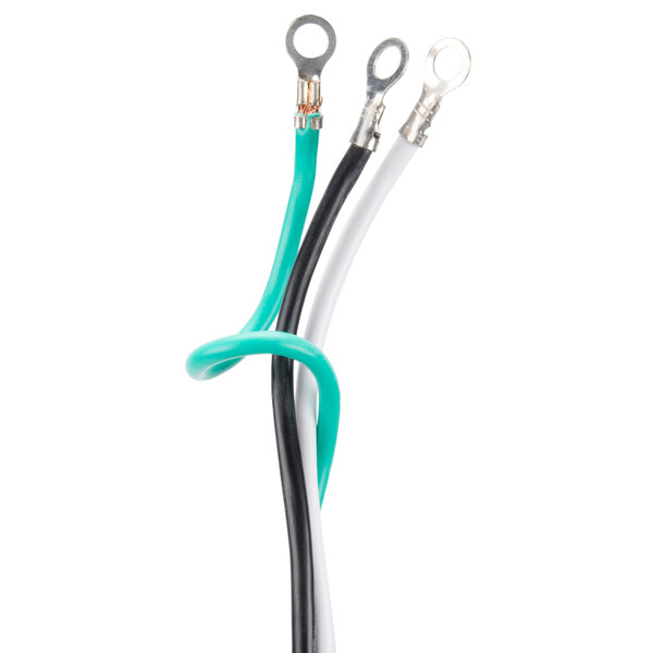 An Avantco power cord with two wires, one white and one green, and a wire ring.