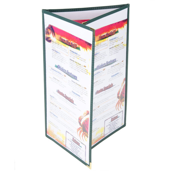 A green Menu Solutions triple panel folding menu jacket holding a menu.