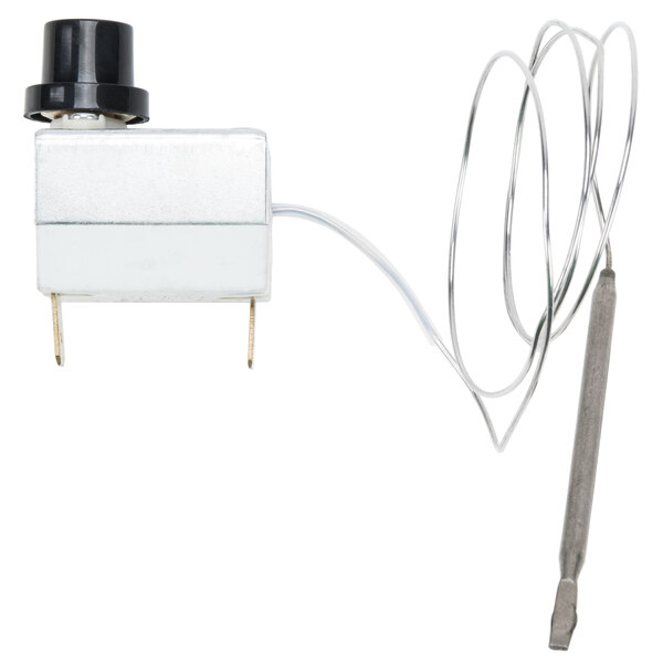 A white rectangular temperature limiter with a black cap and wire.