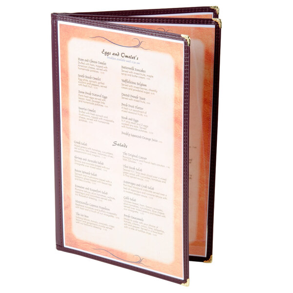 A burgundy Menu Solutions triple panel booklet menu cover.