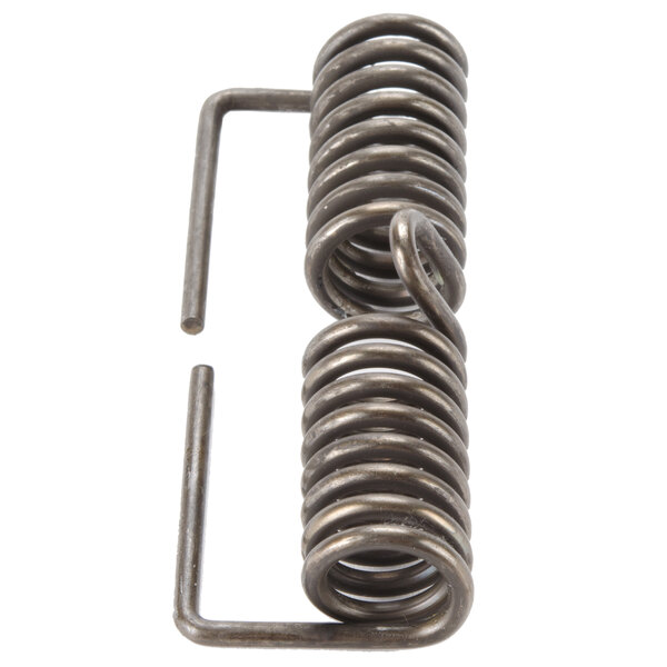 A close up of a metal spring with two coils and handles.