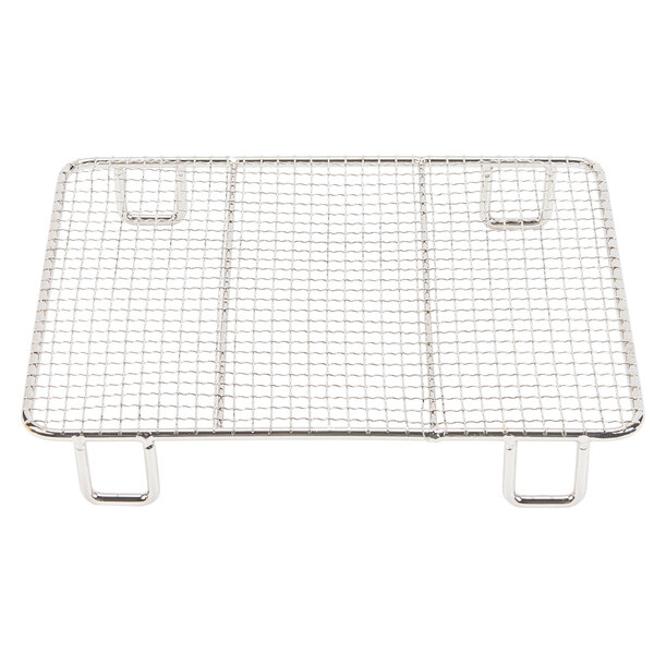 A stainless steel wire mesh rack with handles.