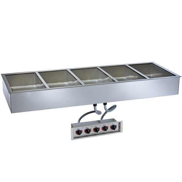 A stainless steel Alto-Shaam hot food well with five compartments on a counter.