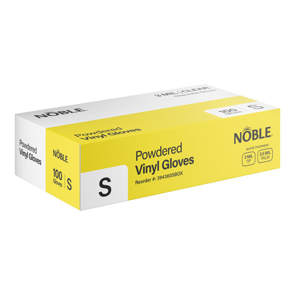 A box of Noble brand small powdered vinyl gloves for foodservice use, containing 100 gloves.