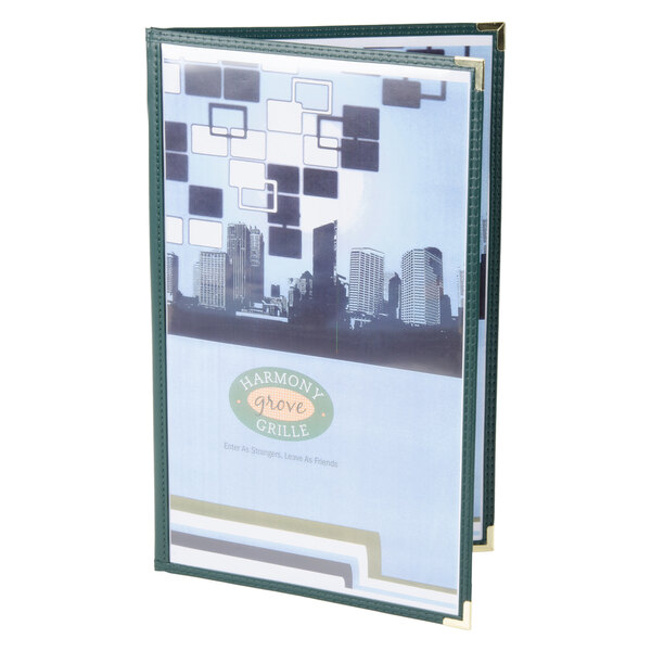 A green Menu Solutions double panel menu jacket with 4 views.