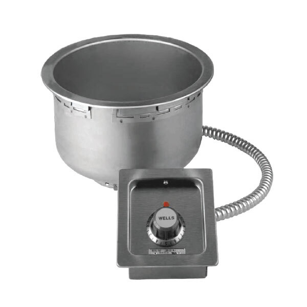 A Wells stainless steel round drop-in soup well with thermostatic control and a dial.