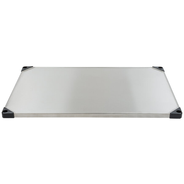 A rectangular stainless steel shelf with black trim.