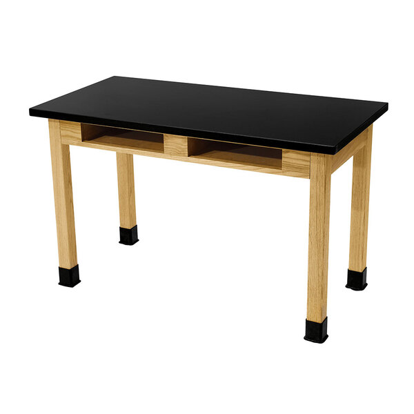 National Public Seating Wood Science Lab Table with Chem-Res Top and Built-In Book Compartments