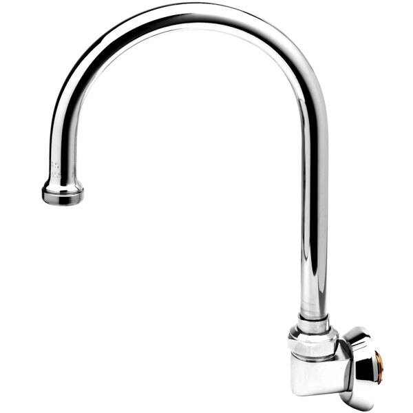 A T&S chrome wall-mounted faucet with a swivel gooseneck spout.