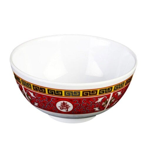 A white Thunder Group melamine bowl with a red and yellow Longevity design.