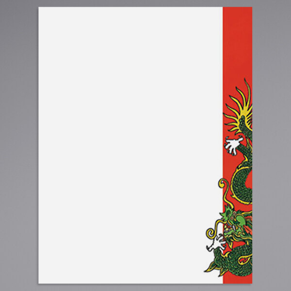 Menu paper with white background and a red and green dragon design.