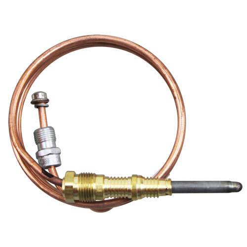 A copper temperature probe with brass connectors on each end.