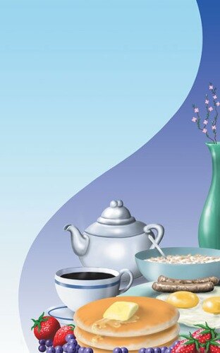 Menu paper with a white background and a blue table setting with a teapot, bowl of cereal, and a cup of tea.