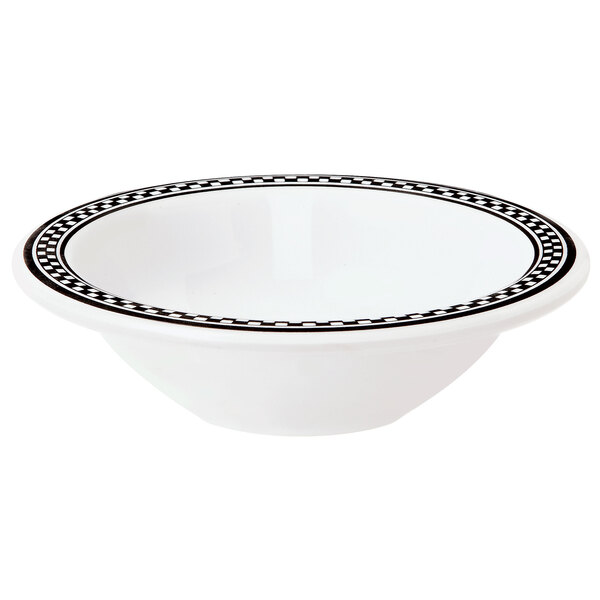 A white melamine bowl with black diamond pattern on the rim.