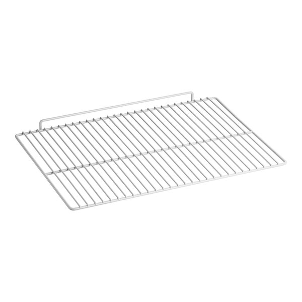 A white epoxy coated wire shelf for Beverage-Air refrigerators with a handle.