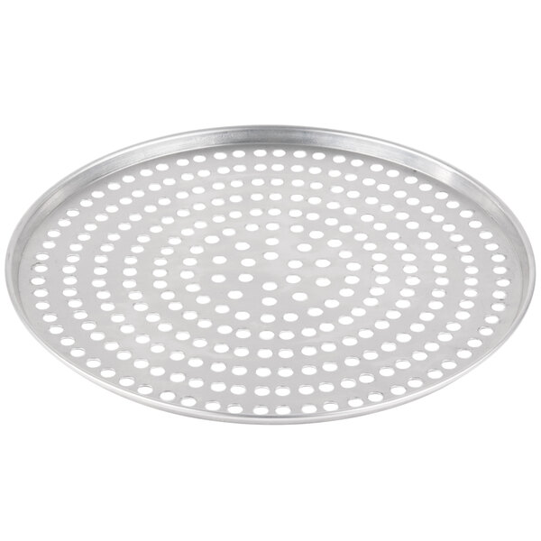 An American Metalcraft aluminum pizza pan with holes.