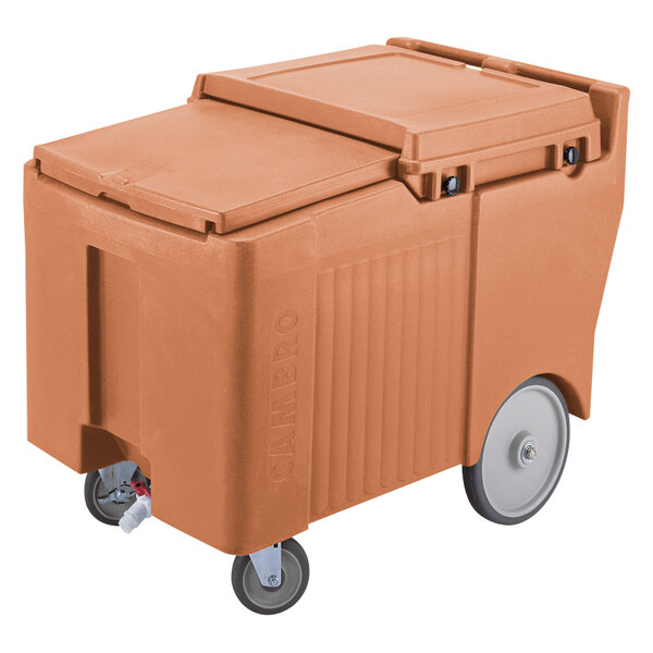 A brown Cambro mobile ice bin with wheels.