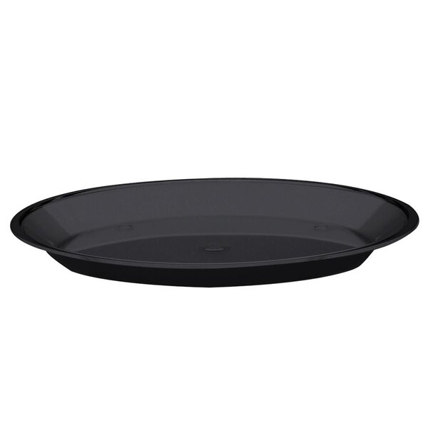 A black Cal-Mil shallow tray with a dome cover on it.