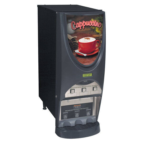 A black Bunn iMIX-3S+ cappuccino dispenser with a cup of foamy drink on it.