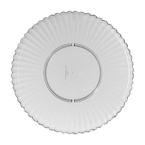 A clear polycarbonate plate with a scalloped edge.