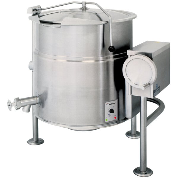 A large stainless steel Cleveland electric steam kettle with a lid.