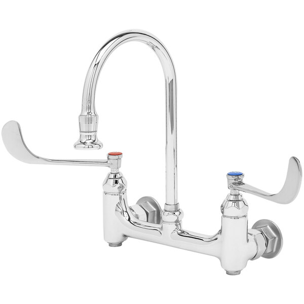A silver T&S wall mounted surgical sink faucet with two wrist action handles.